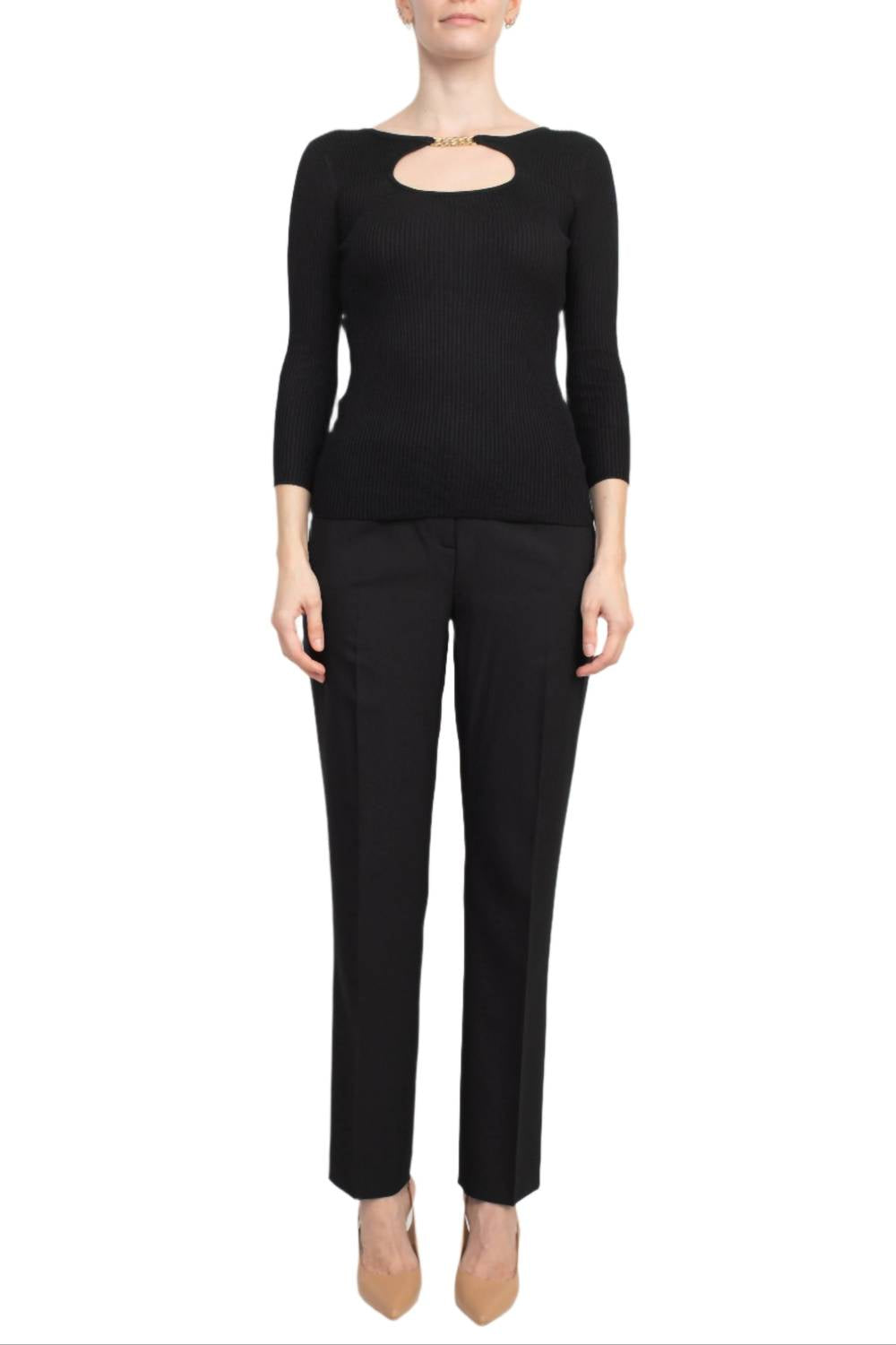 T Tahari - Boat Neck Ribbed Cutout Front Knit Top