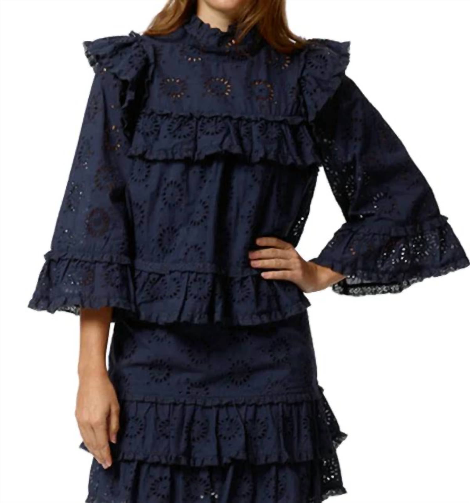 Eyelet Trimmed Bell Sleeve Top