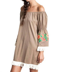 umgee Embroidered Off The Shoulder Dress in mocha - women's dress - detail view