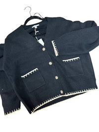 ee:some Whipstitch V Neck Sweater in black - women's sweater - detail view