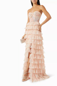 Tarik Ediz Cielo Glitter Tiered Gown in pink - women's dress - detail view