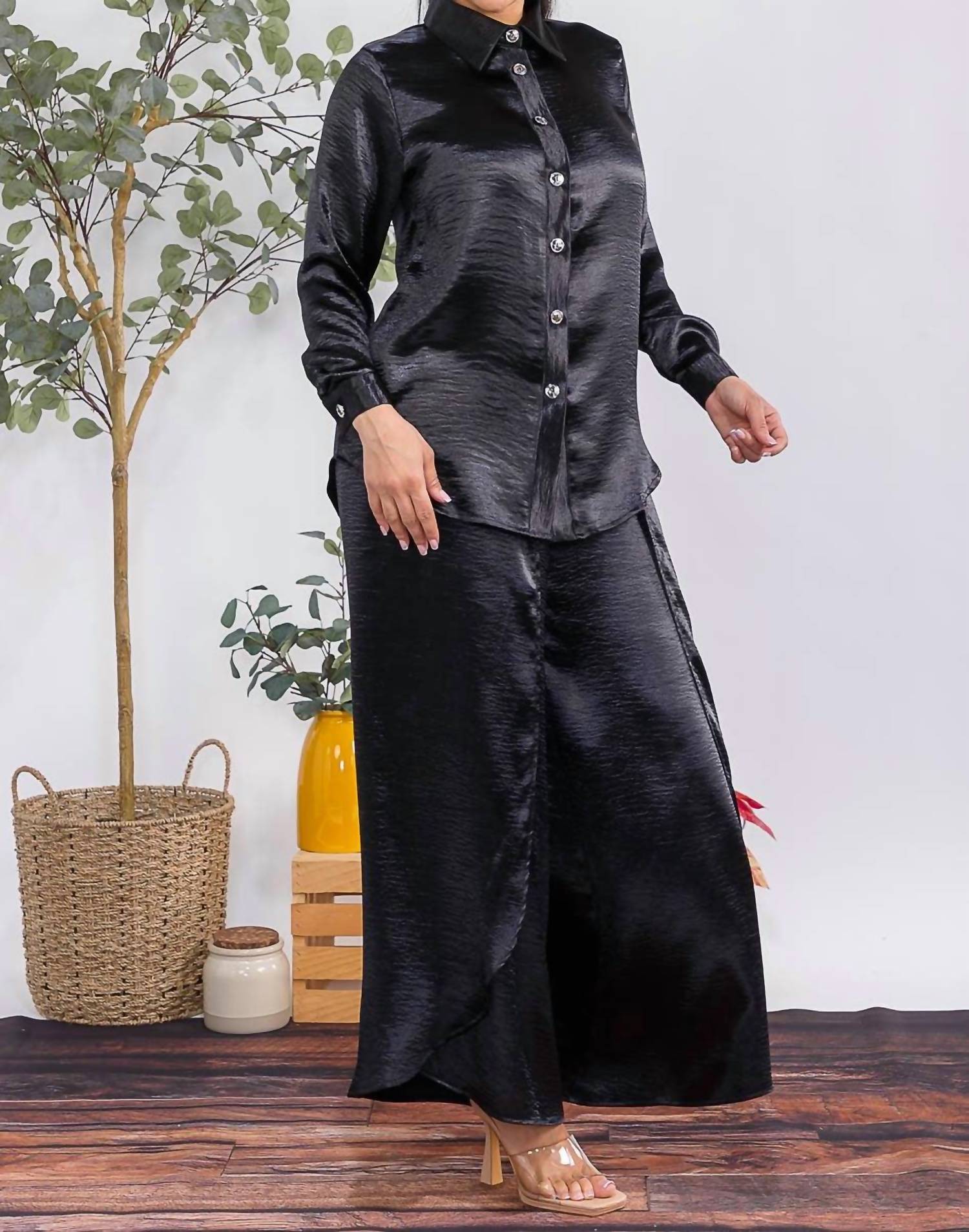 Karen T Design - Button Down Shirt And Open Pants Set