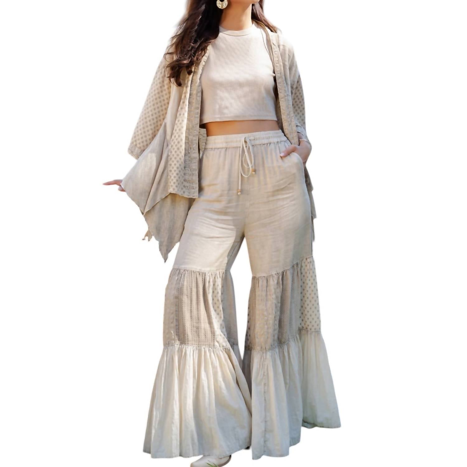 Young Threads Boho Tiered Wide-leg Patchwork Pants in latte - women's pants - view 4