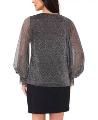 Vince Camuto - Metallic V-neck Sheer Sleeve Top
