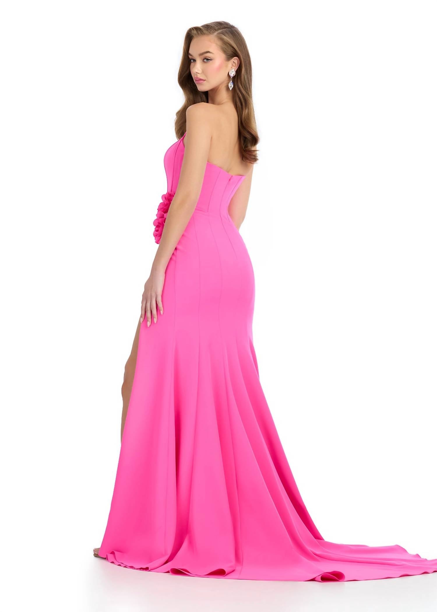 ASHLEYlauren Strapless Sweep Train Gown With Slit in hot pink - women's dress - alternate view