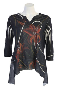 Jess & Jane Women's Lily Trio Slit V-neck Chiffon Contrast Top in black floral burnout - women's blouse