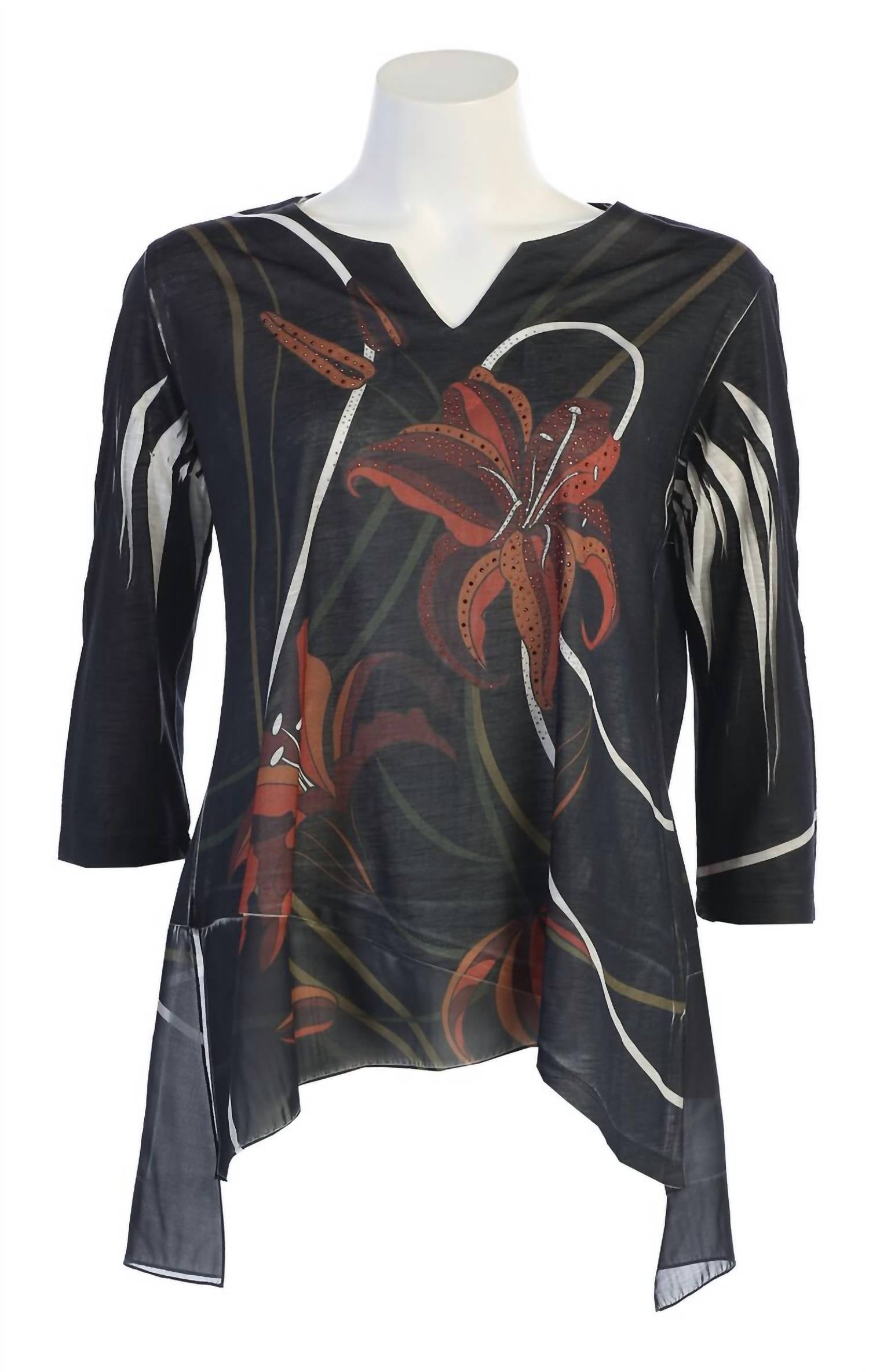 Jess & Jane Women's Lily Trio Slit V-neck Chiffon Contrast Top in black floral burnout - women's blouse