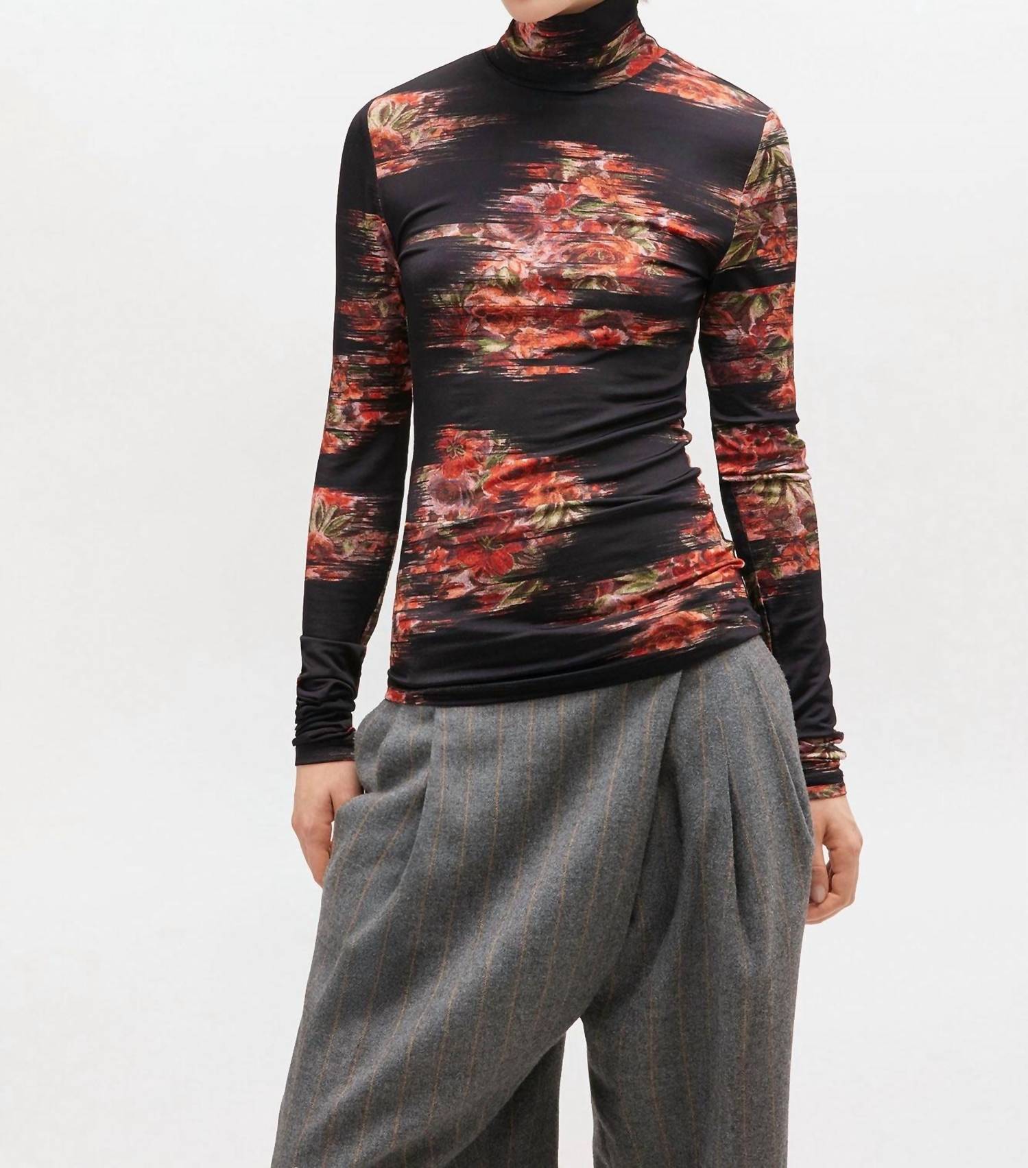 GANNI Floral Printed Jersey Turtleneck in black - women's long sleeve top - detail view