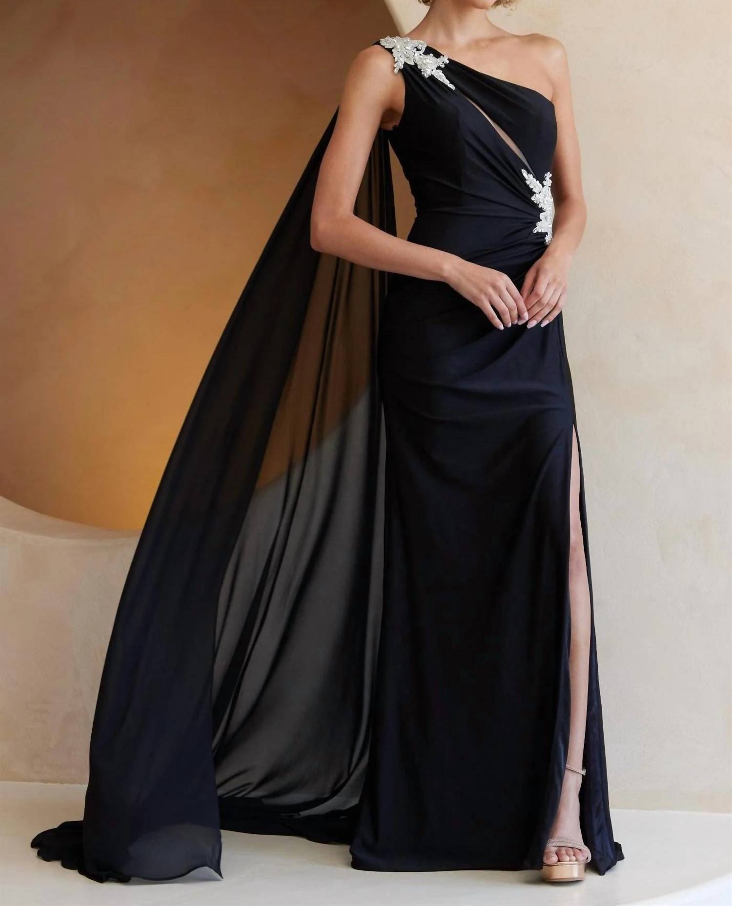 Amelia Couture - One Shoulder Cape Slit Gown