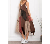 Blue Velvet Patch Work Midi Dress in brown multi - women's dress - detail view