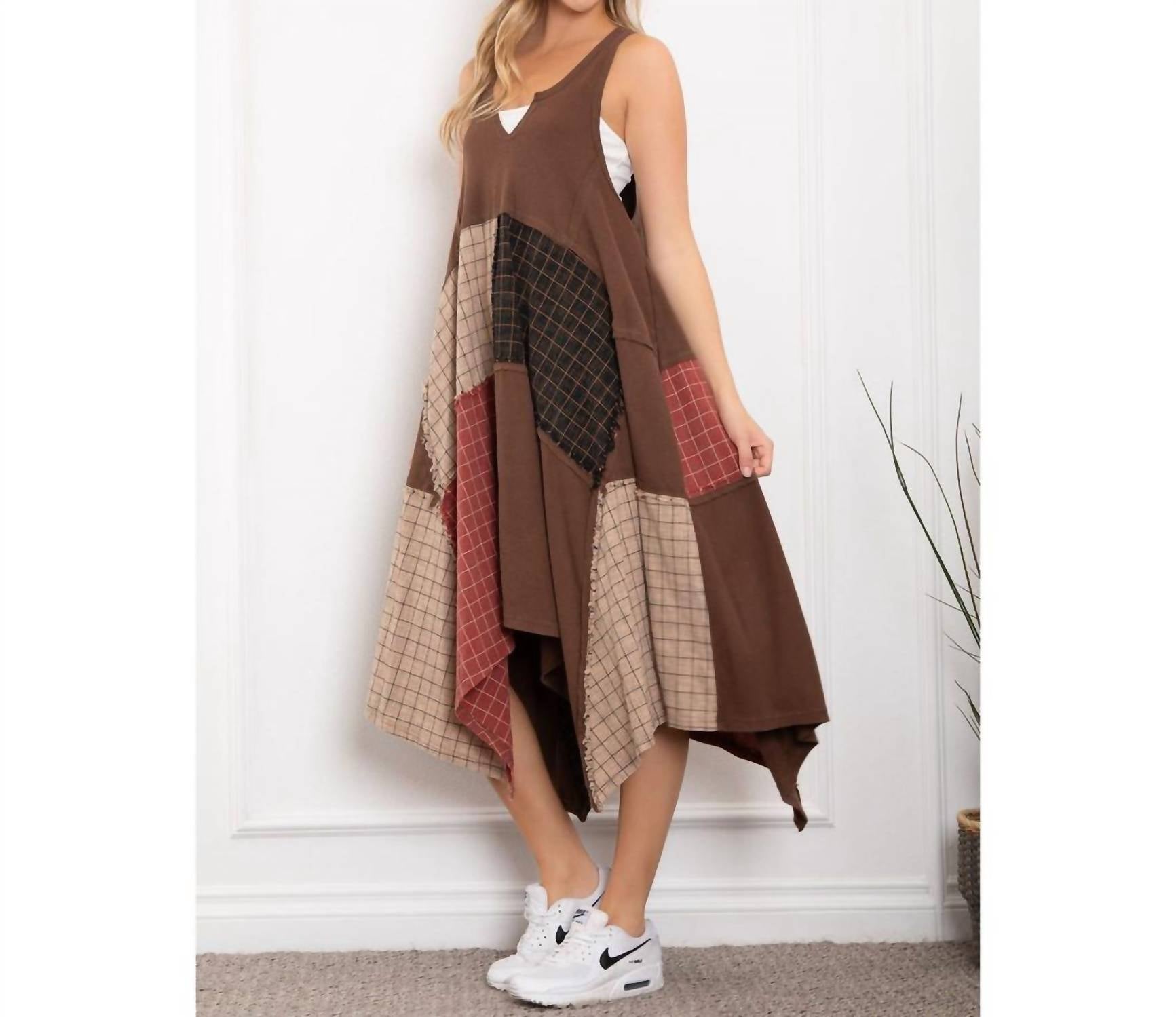 Blue Velvet Patch Work Midi Dress in brown multi - women's dress - detail view