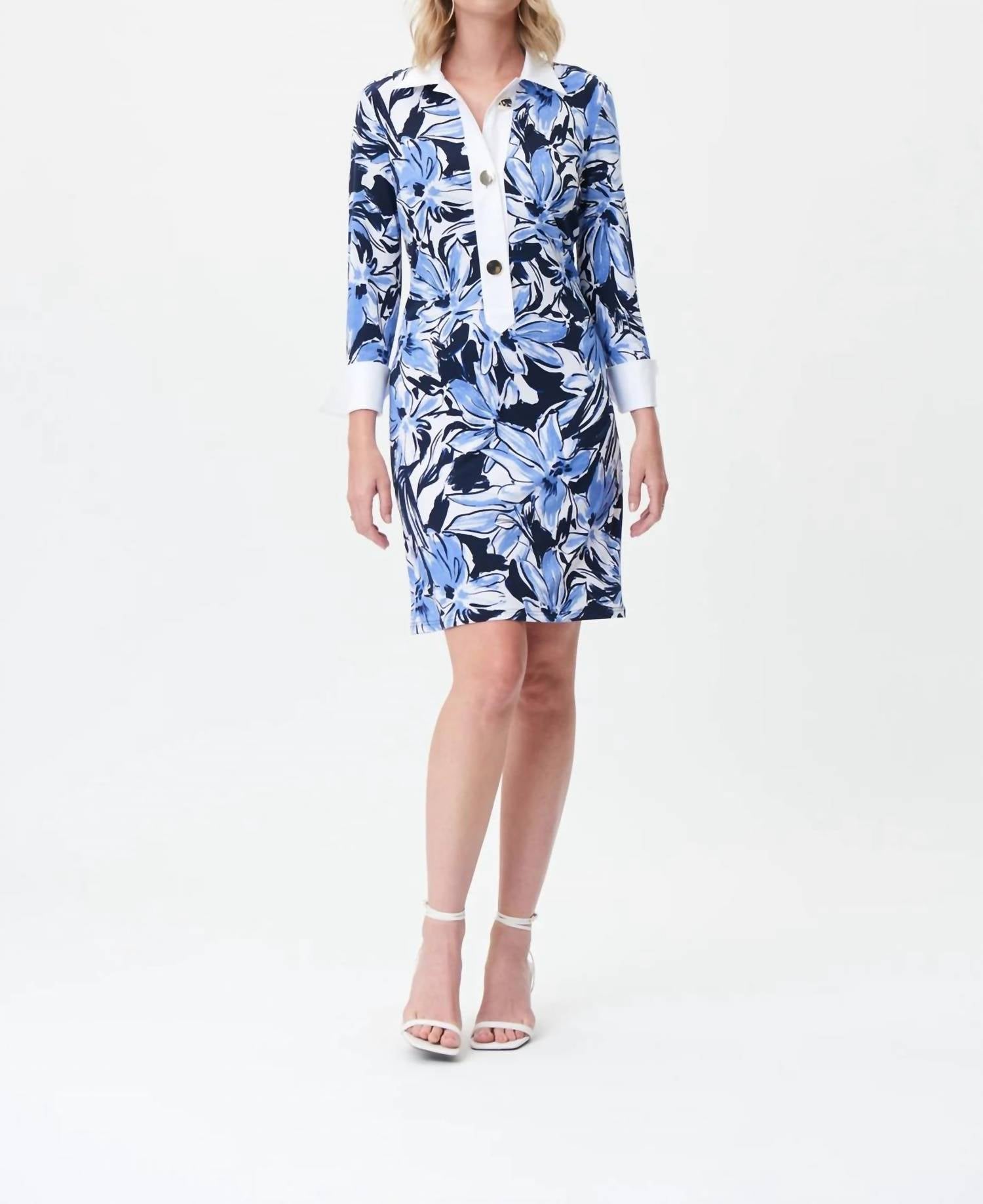 Joseph Ribkoff Floral Sheath Midi Dress in blue vanilla - women's dress - detail view