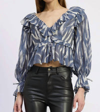 En Saison - Cypress Peplum Ruffle Slate Blouse
