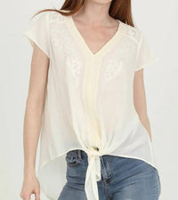 Nostalgia - V Neck Tie Waist Top with Embroidery and Lace