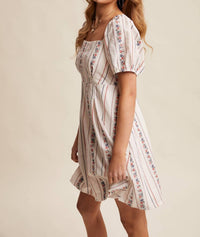 Listicle - Floral Stripe Square Neck Puff Sleeve Dress