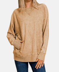 Zenana - Pocketed Round Neck Sweatshirt