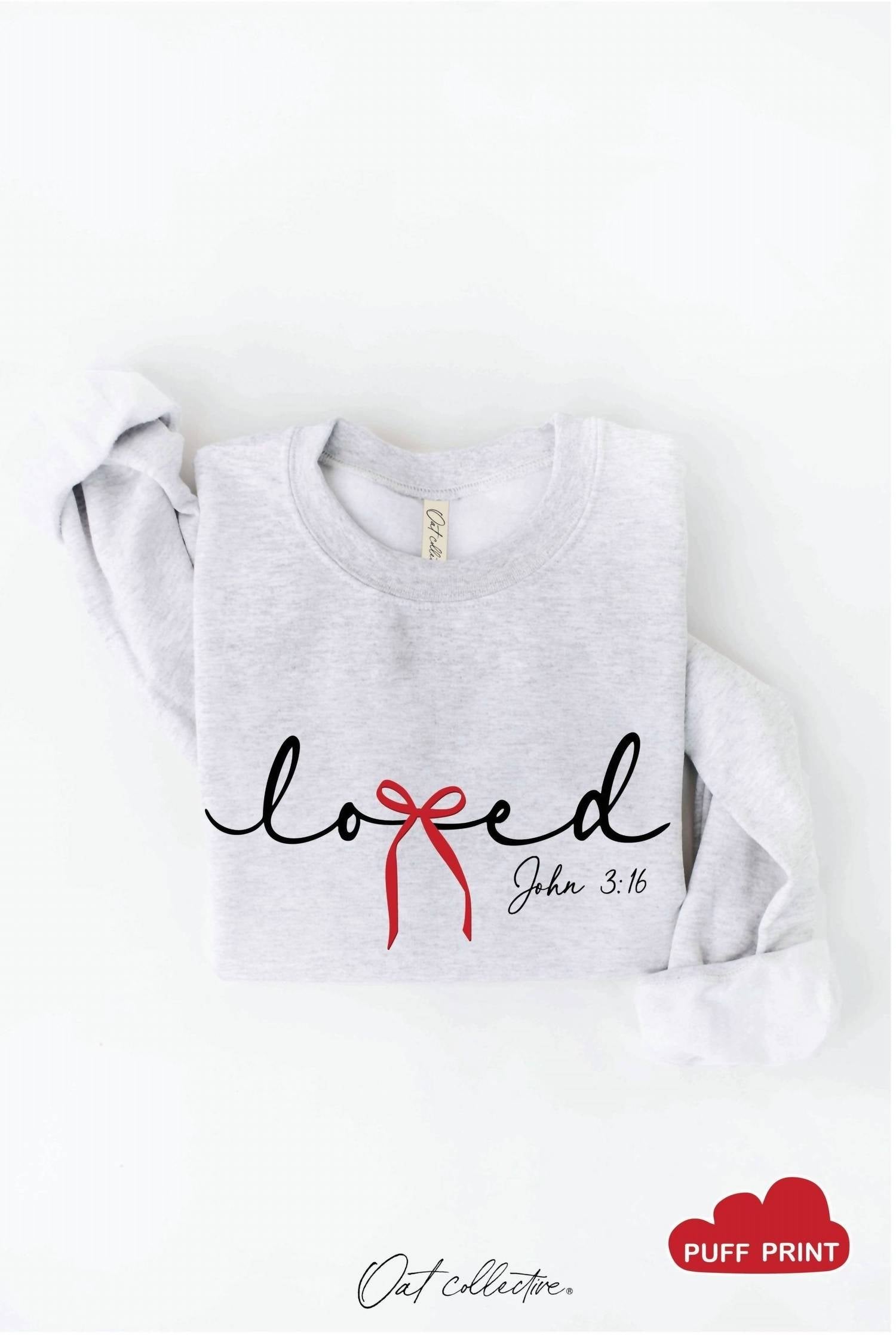 Oat Collective Women's Loved Bow John 3:16 Puff Graphic Sweatshirt in white heather - women's top