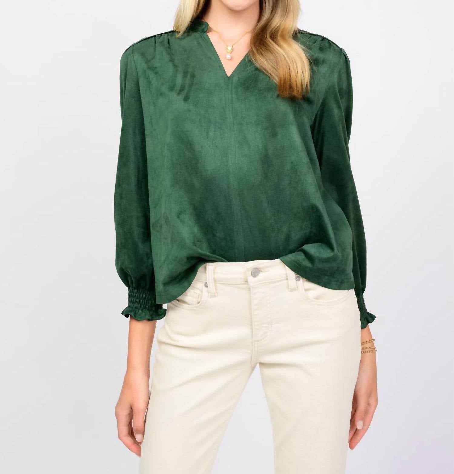 Ivy Jane Long Sleeve Suede Top in hunter 1 - women's blouse