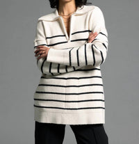 Weekend Los Angeles Coralie Zip Up Sweater in ivory black stripe - women's long sleeve top - detail view