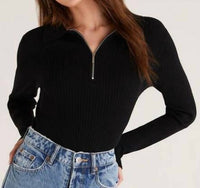 Z Supply Rico Zip Henley Sweater in black - women's long sleeve top - detail view
