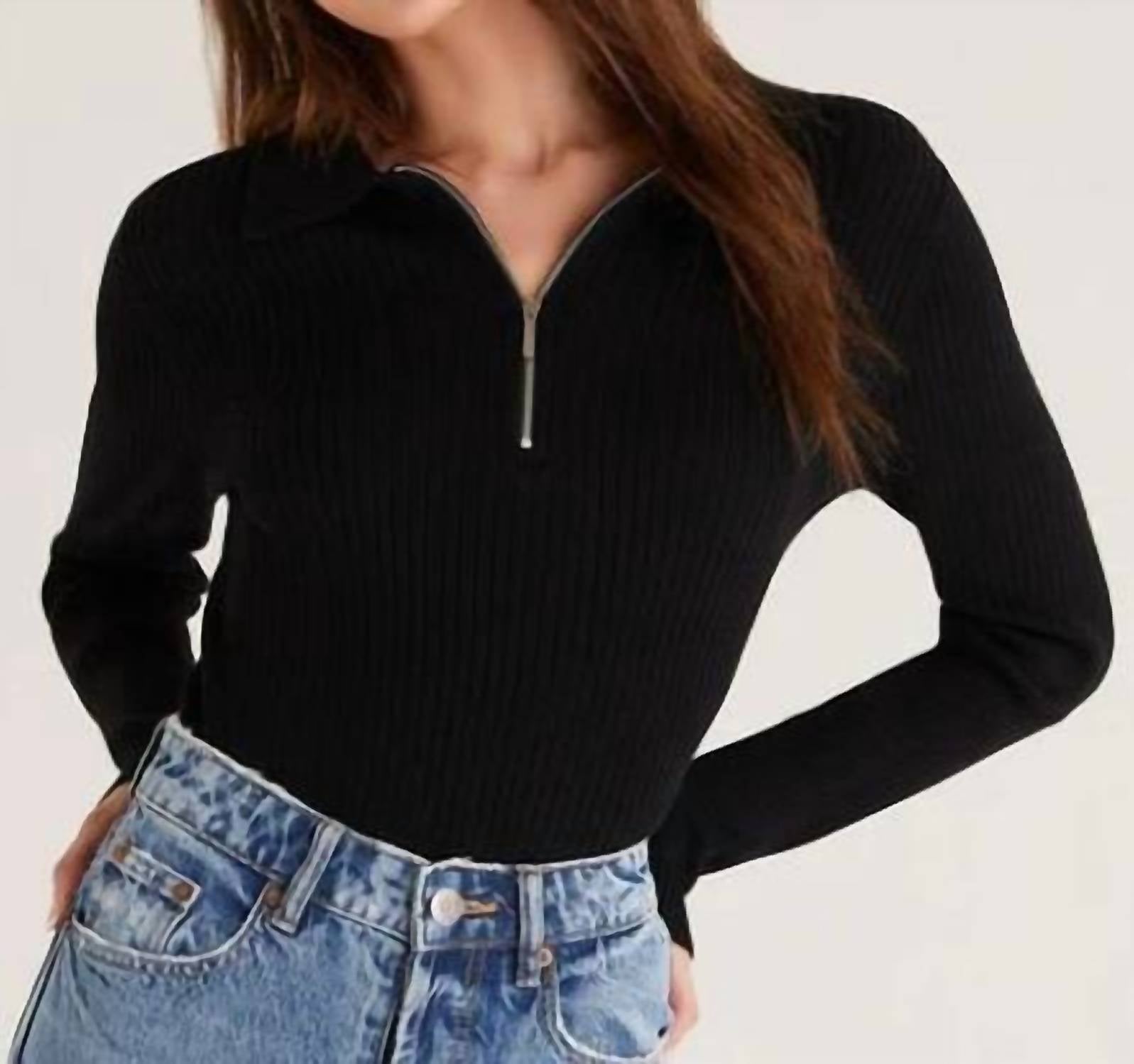 Z Supply Rico Zip Henley Sweater in black - women's long sleeve top - detail view
