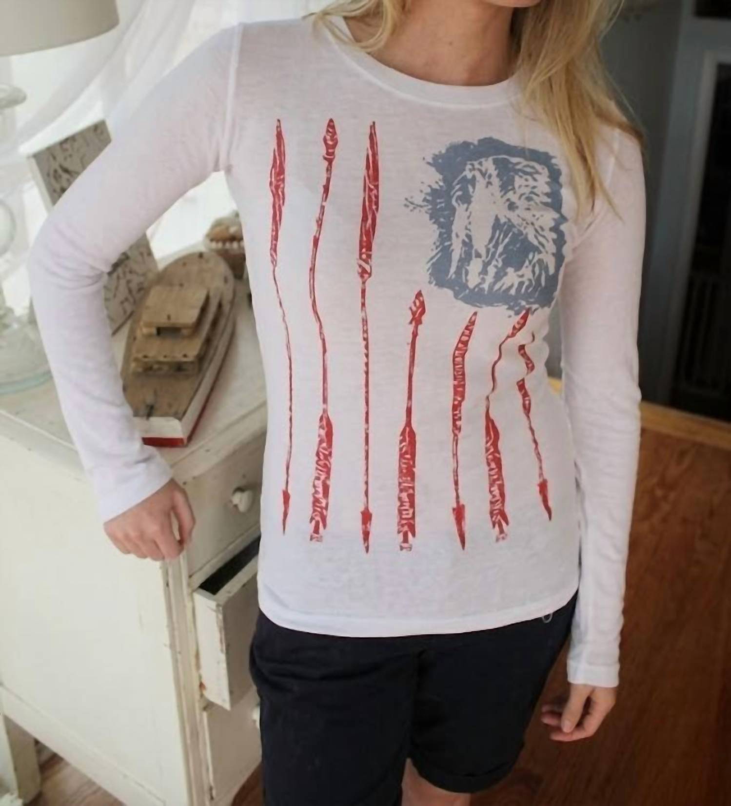 Original Cowgirl Clothing Freedom Flag Thermal Tee in white - women's long sleeve top