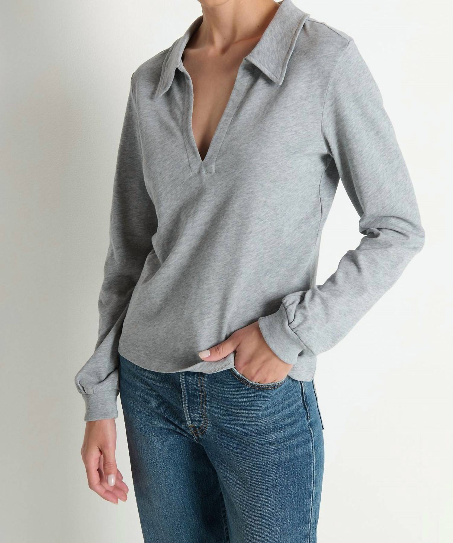 Nation LTD Kimberley Polo Tee Top in heather grey - women's long sleeve top - view 6