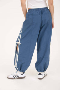 J.O.A. Side Stripe Cut Out Tie Strap Track Joggers in denim - women's pants - alternate view
