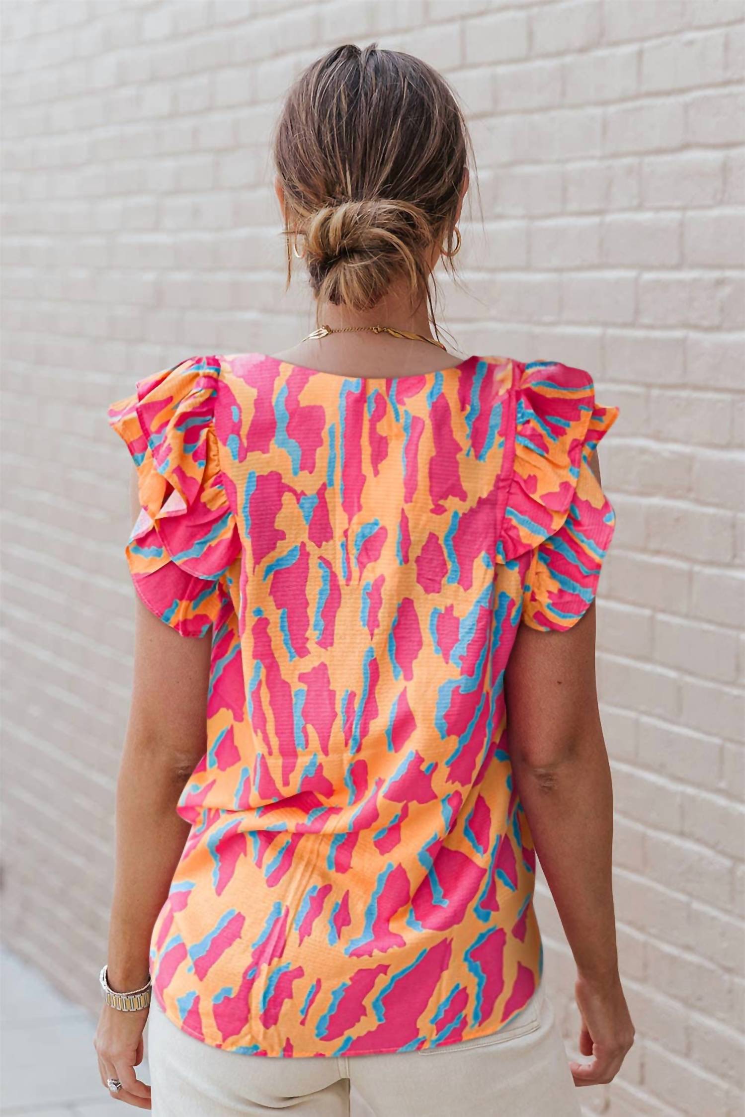 T & C  Apparel - Leopard V Neck Ruffled Sleeve Blouse