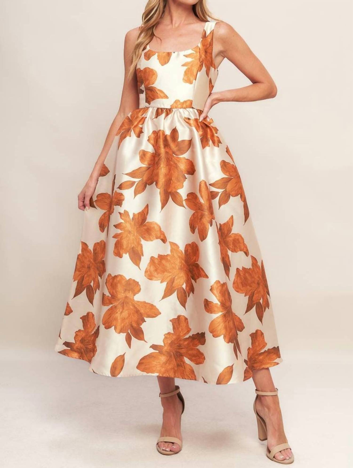 FLYING TOMATO Fall Floral Satin Midi Dress in cream rust - women's dress