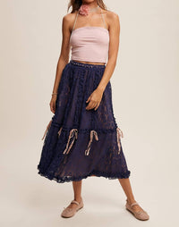 Listicle Lace Midi Skirt With Ribbon Details in navy - women's skirt