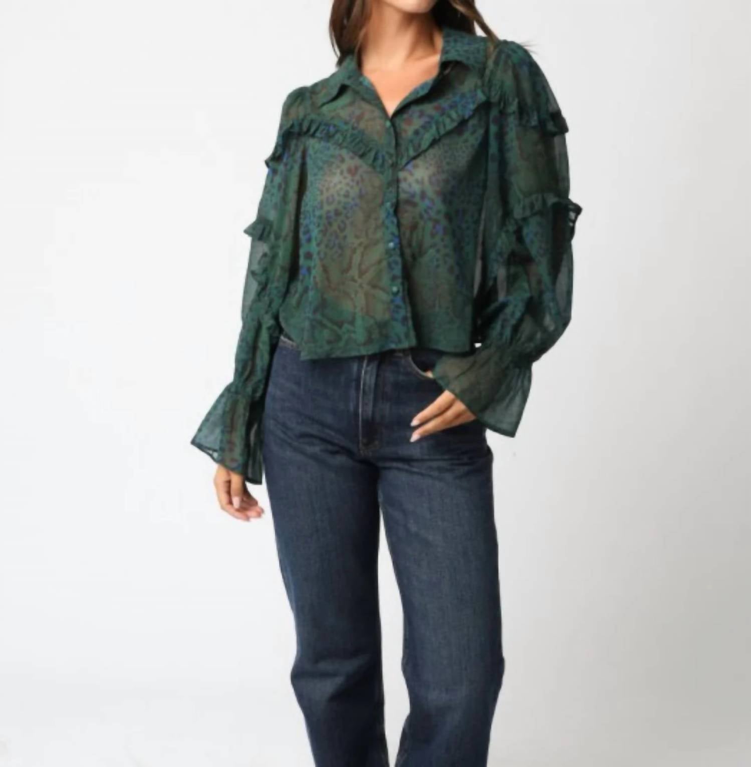 Olivaceous - Zaria Ruffle Sheer Blouse