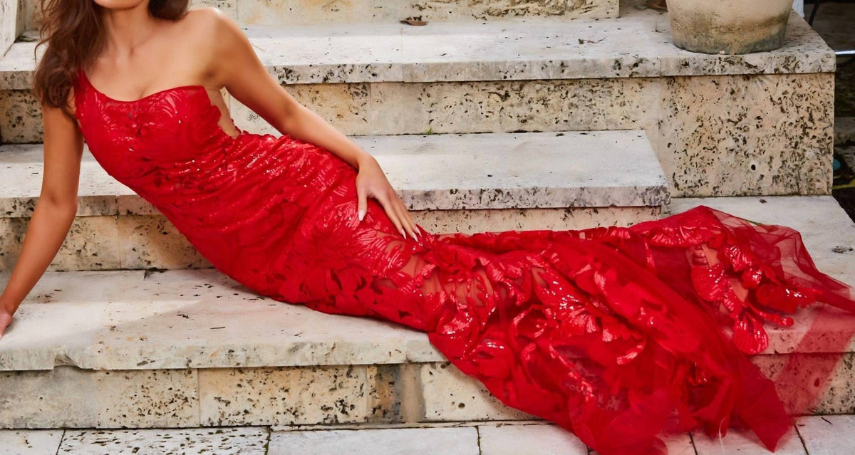 JOVANI One Shoulder Embellished Evening Gown in red - women's dress - detail view