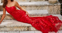 JOVANI One Shoulder Embellished Evening Gown in red - women's dress - detail view