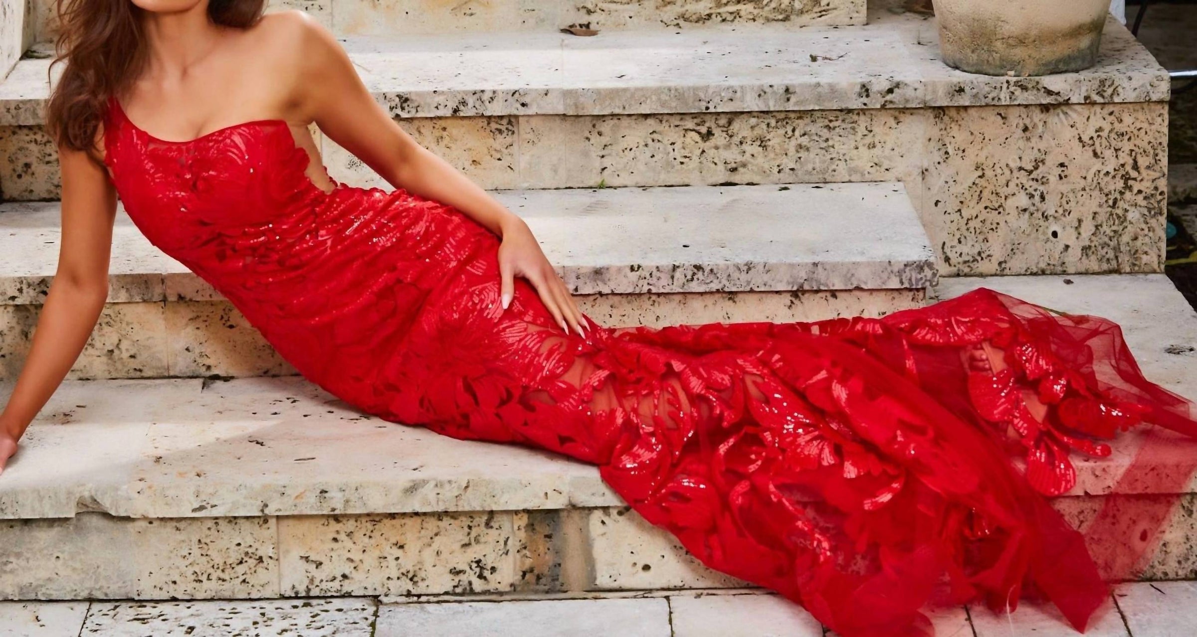 JOVANI One Shoulder Embellished Evening Gown in red - women's dress - detail view