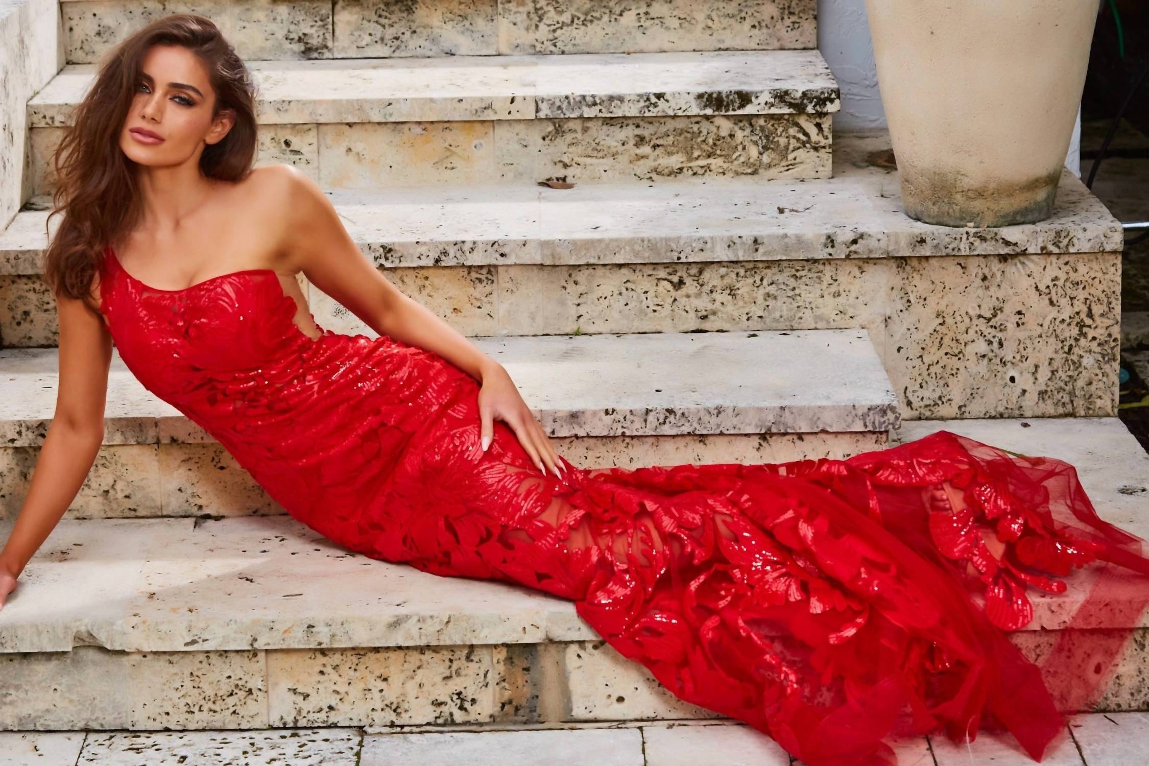 JOVANI One Shoulder Embellished Evening Gown in red - women's dress - alternate view