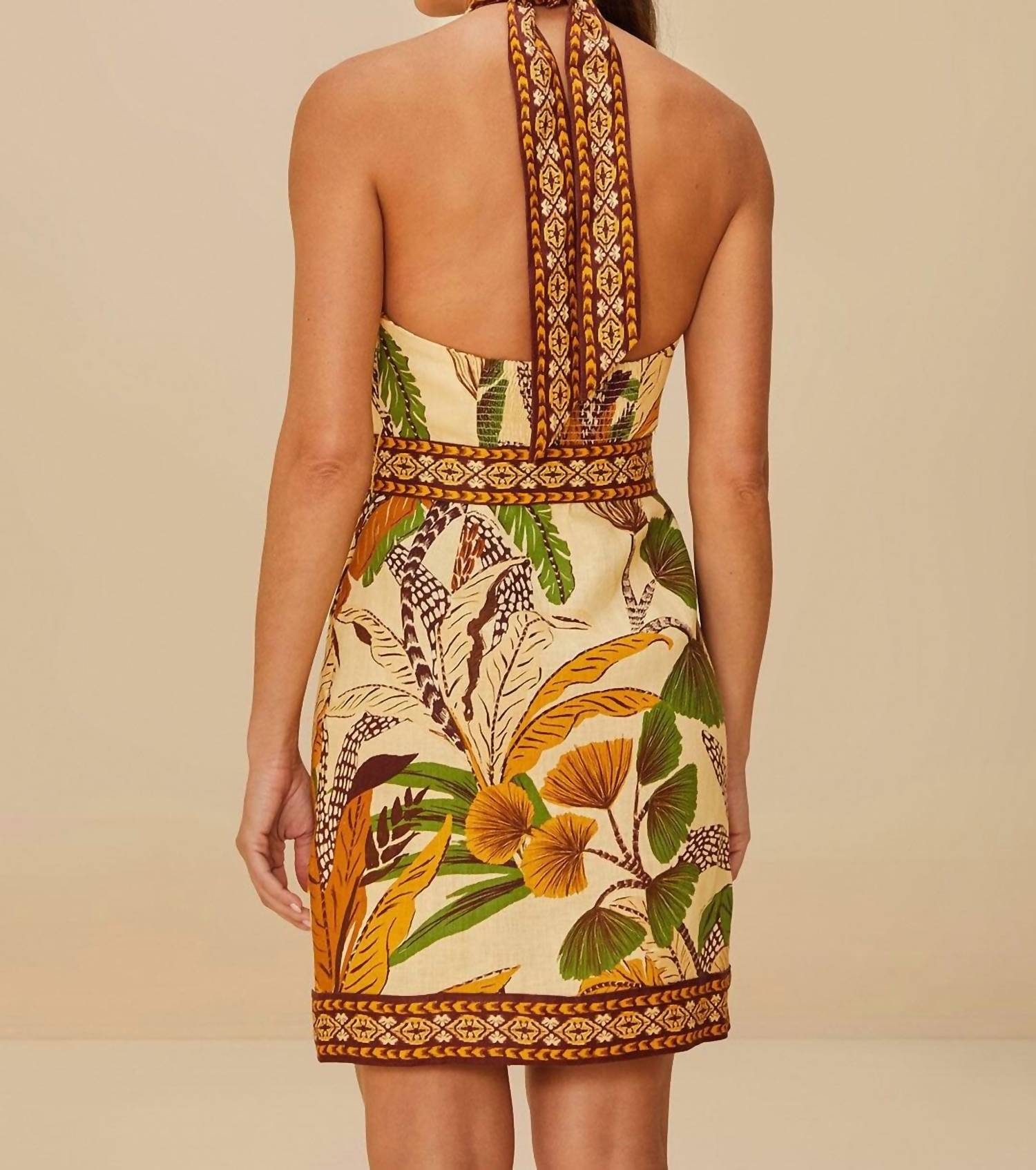 Farm Rio - Foliage Sketch Sand Halter Mini Dress