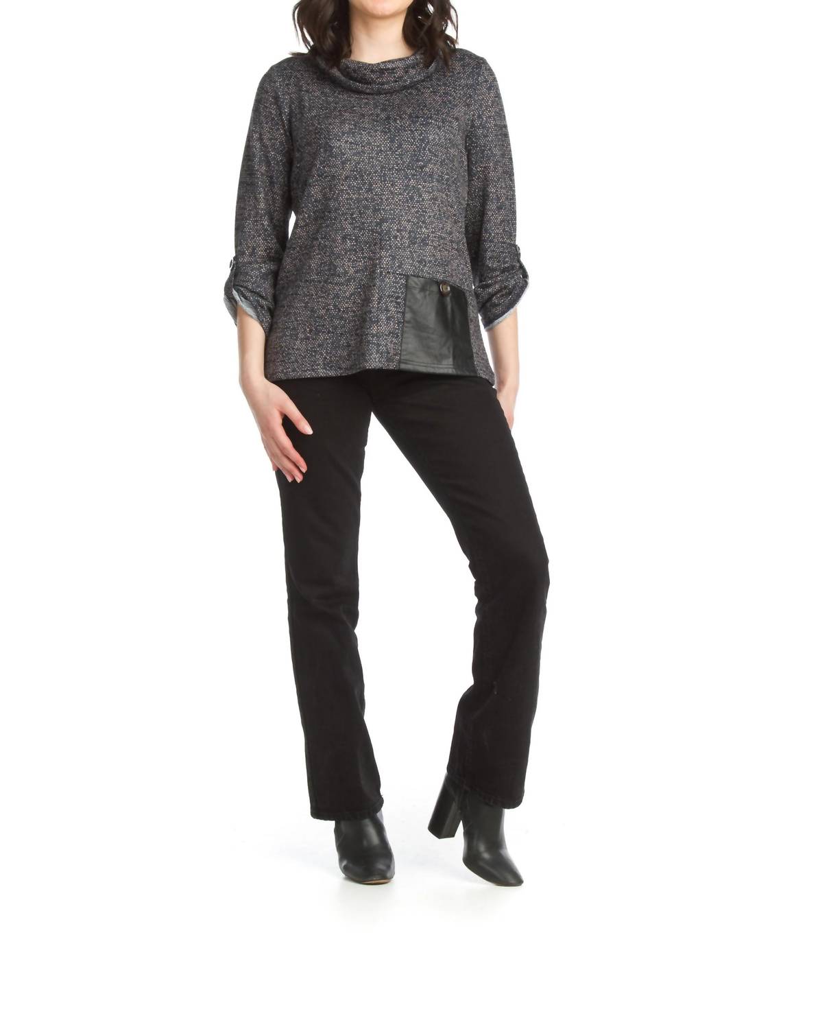 Papillon - Knit Cowl Neck Tunic With Faux Leather Patch Pocket