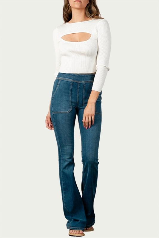 CUTOUT RIBBED STRETCH-KNIT TOP