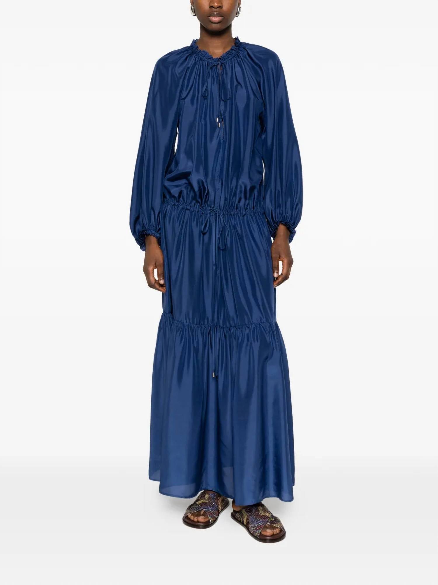 Momoni Viento Ruffled Maxi Dress in ultramarine blue - women's dress - detail view