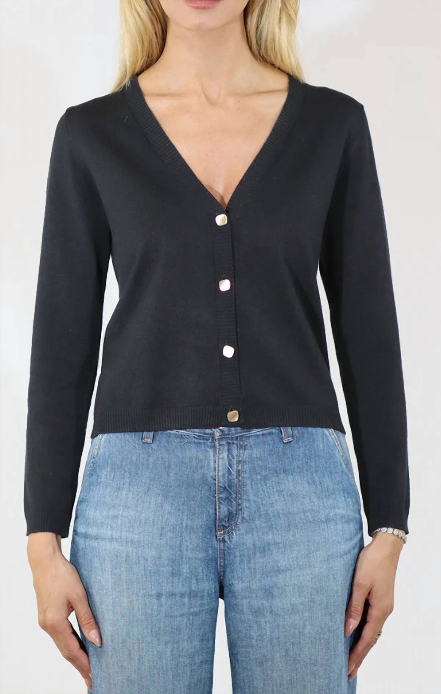 Metric Knits - V Neck Long Sleeve Crop Cardigan with Square Buttons