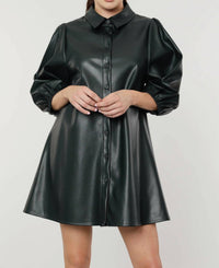 Dolce Cabo - Puff Sleeves Faux Leather Dress
