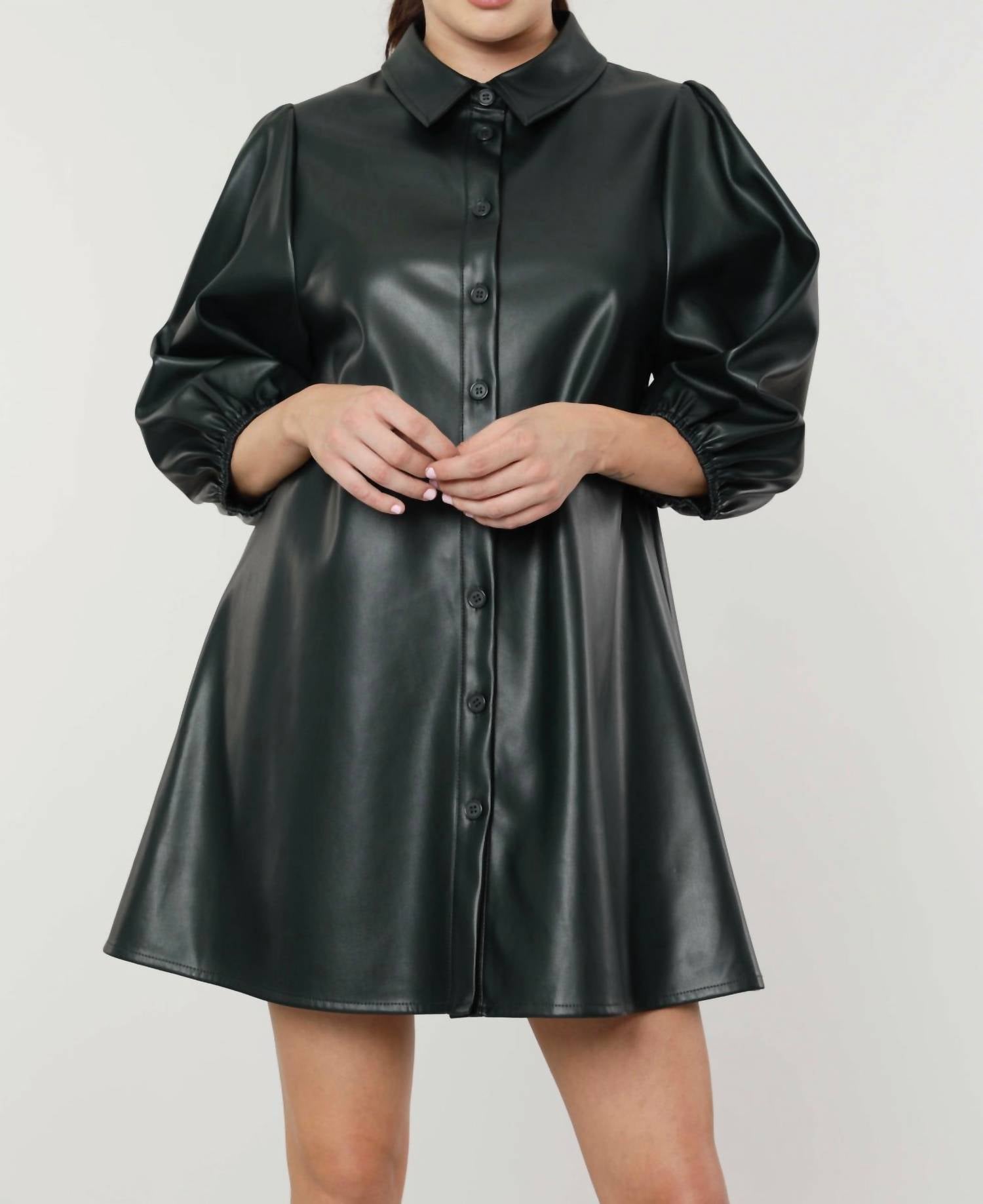 Dolce Cabo - Puff Sleeves Faux Leather Dress