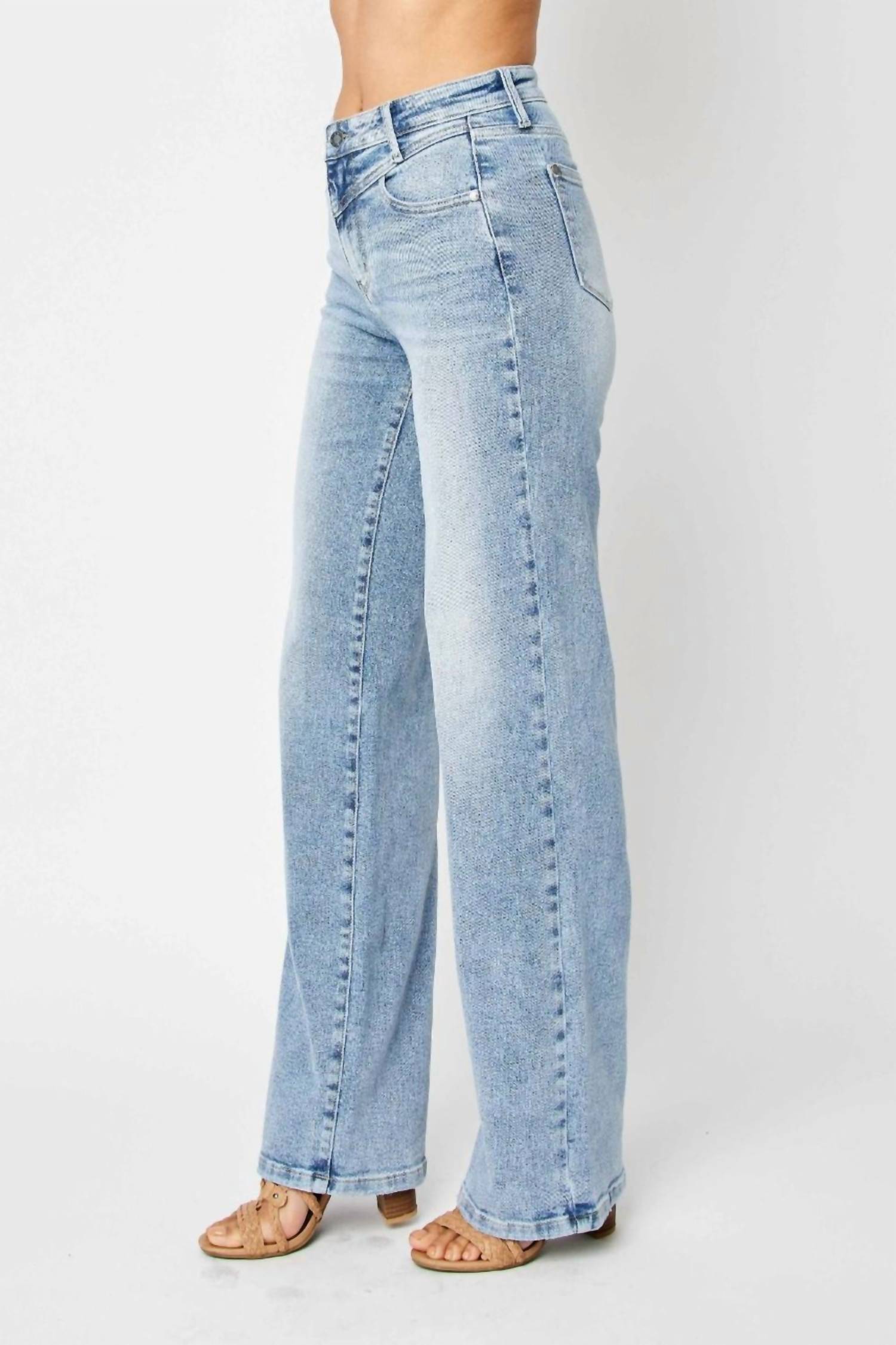 Judy Blue Front Yoke Retro Wide Leg Denim Jeans in medium blue - women's jeans - view 4