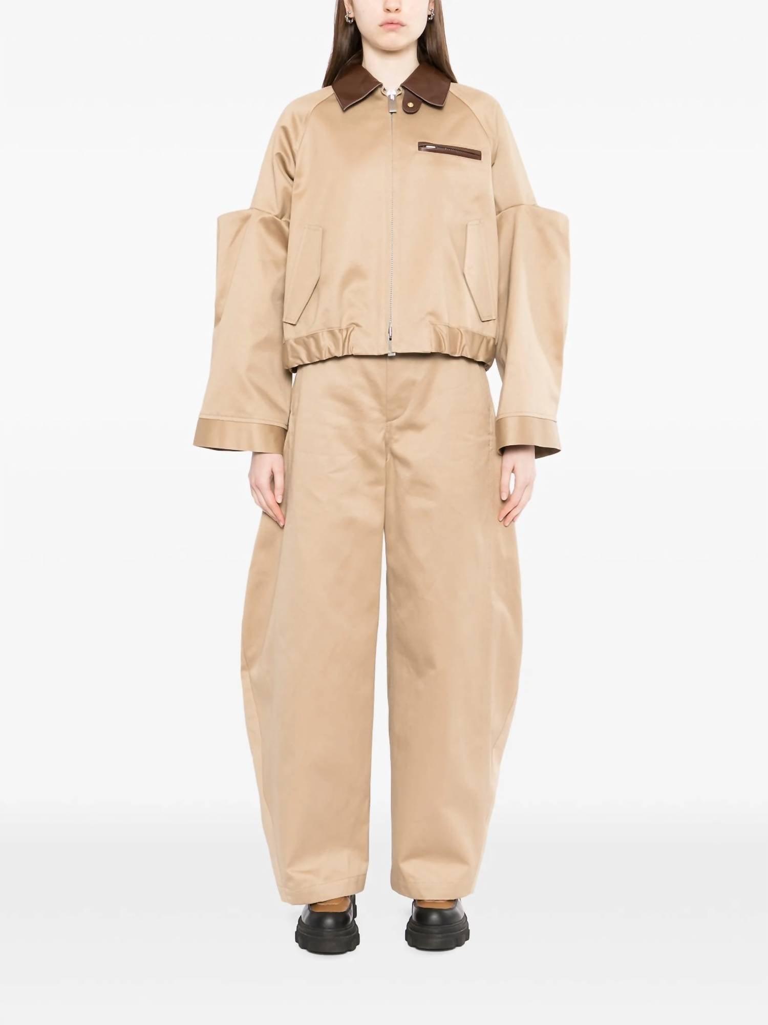 Sacai - Pleated Leather-trimmed Cotton-twill Jacket