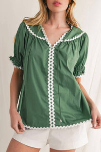 Little Daisy Closet - Ric Rac Trim Tie Split Neck Short Sleeve Blouse