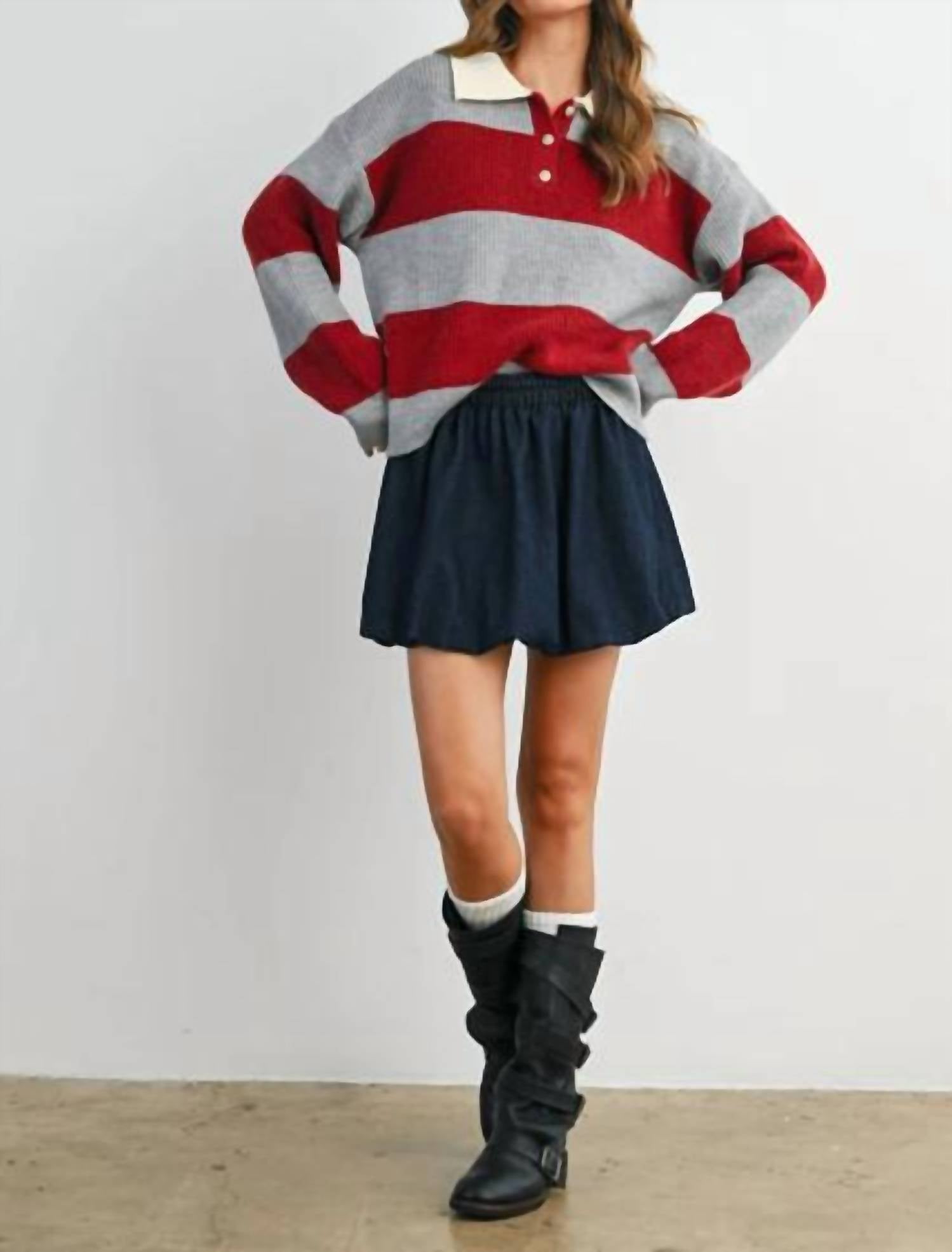 Buttermelon - Buttoned Striped Collared Long Sleeve Top