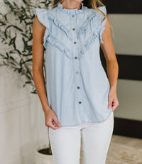 One Eleven North Ruffle Detailed Flutter Sleeve Top in blue - women's blouse - detail view