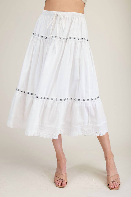 Ee:Some - Tiered Lace Trim Midi Skirt