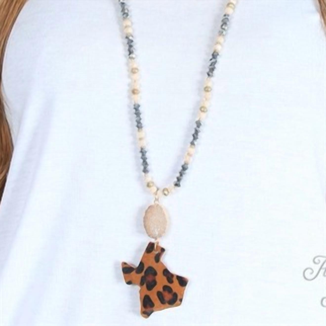 Grace + Emma - Women's Druzy Stone & Leopard Hide Texas Pendant Beaded Necklace